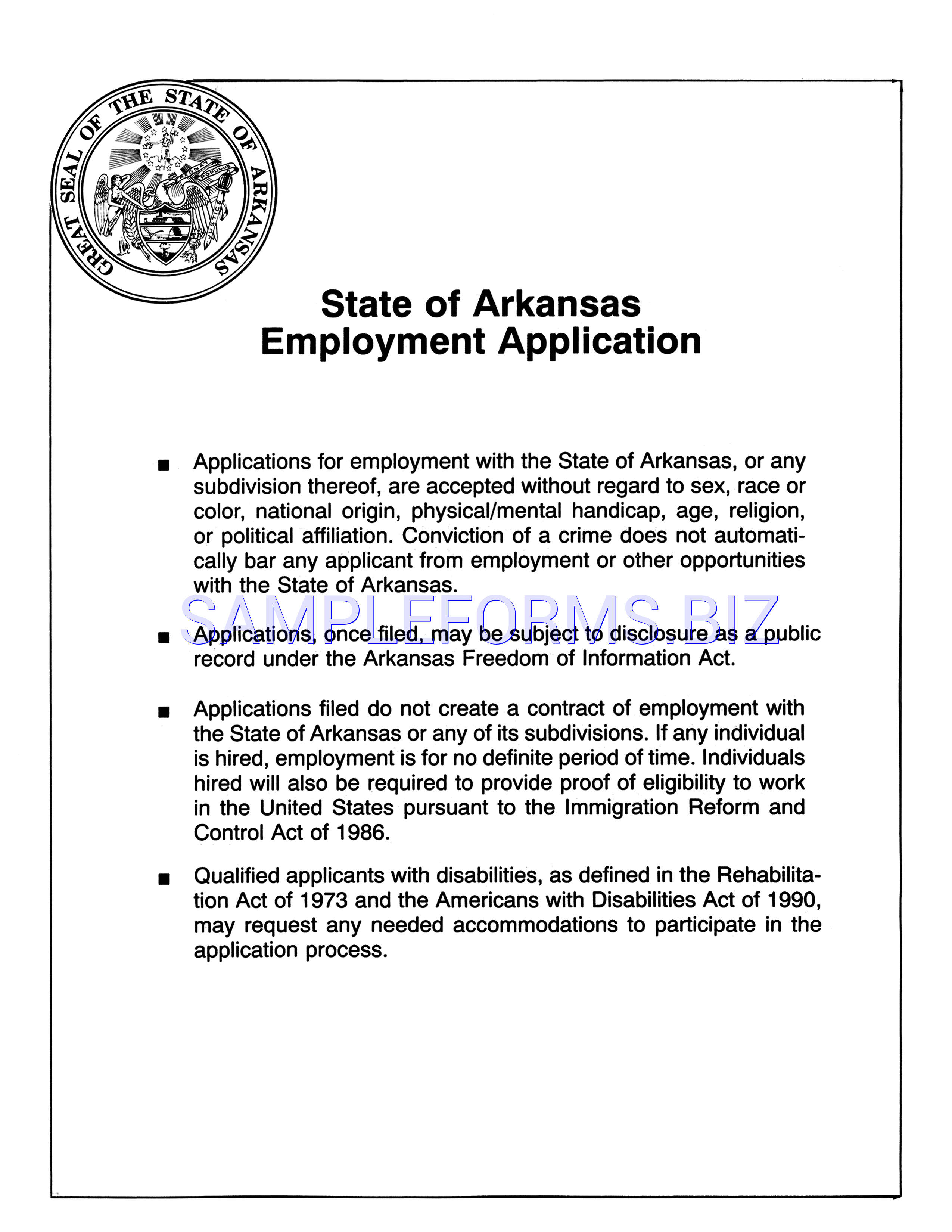 Preview free downloadable State of Arkansas Employment Application in PDF (page 1)
